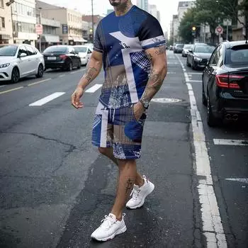 Летний мужской комплект из 2 предметов с 3D рисунком, мягкая и удобная футболка с круглым вырезом и повседневные шорты, летний комплект, уличная мужская одежда L