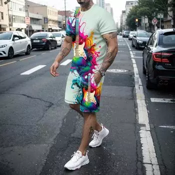 Летний мужской комплект из 2 предметов с короткими рукавами и 3D-шортами в виде музыкального инструмента S