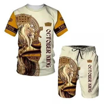 Летний мужской комплект из двух предметов King Ace Spade Lion Poker футболка/шорты/костюм с 3D принтом в стиле хип-хоп, уличная одежда, повседневная мужская одежда в стиле Харадзюку XL