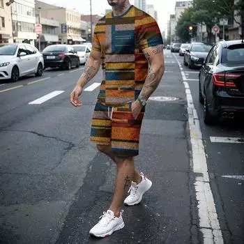 Летний мужской комплект из двух предметов с 3D-клеткой в стиле пэчворк, шорты с короткими рукавами, мужской новый и креативный модный комплект мужской одежды S