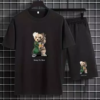 Летний мужской комплект из футболки и шорт с принтом медведя и бандажа S