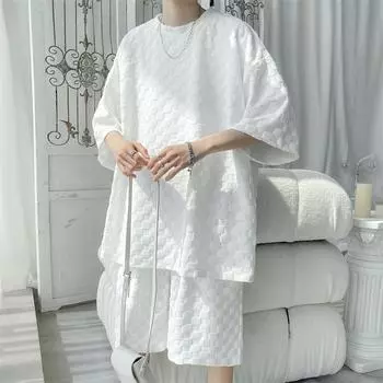 Летний мужской комплект, модные свободные повседневные клетчатые футболки и шорты, мужская одежда L белый