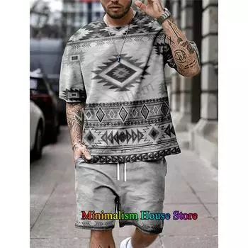 Летний мужской комплект, модный комплект из 2 предметов, мужская футболка с принтом 3D, шорты, брюки, повседневный спортивный костюм, свободная одежда, винтажные спортивные комплекты S