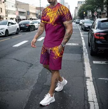 Летний мужской комплект с круглым вырезом и короткими рукавами + шорты, модный повседневный свободный комплект с 3D-футболкой, спортивный комплект высокого качества S