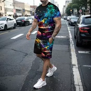 Летний мужской комплект с нотами инструментов, футболка с короткими рукавами и шортами с 3D-принтом, спортивная рубашка с круглым вырезом, вечеринка, социальная новинка, комплект из 2 предметов 5XL