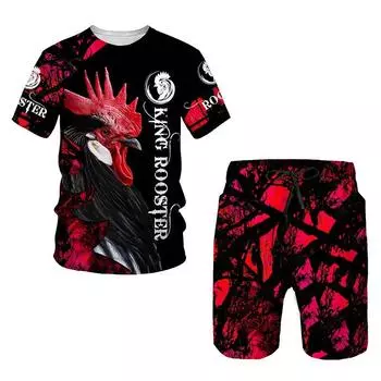 Летний мужской комплект с принтом петухов 3D, футболка + шорты, спортивный костюм с короткими рукавами и изображением петуха, костюм из 2 предметов свободного покроя S