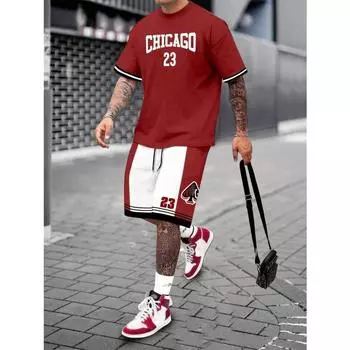 Летний мужской костюм 23-й номер принт трендовая футболка индивидуальный свободный уличный костюм футболки с коротким рукавом шорты мужская летняя одежда S