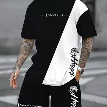 Летний мужской костюм, цветные лоскутные принты, спортивная футболка, комплект, повседневный короткий рукав, подходящие шорты, мужской летний костюм S