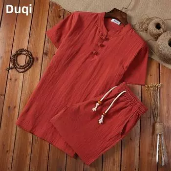 Летний мужской костюм-двойка из хлопка и льна в китайском стиле с воротником-стойкой и короткими рукавами 2022 года: Молодежная повседневная мода L чёрный