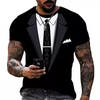 Летний мужской костюм, футболка с галстуком-бабочкой, забавный 3D-принт, модный поддельный комплект из двух предметов, повседневный топ с круглым вырезом, рубашка в стиле Харадзюку с короткими рукавами S