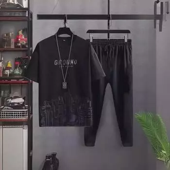 Летний мужской костюм из шелка с градиентом 2024 года: Футболка с коротким рукавом и повседневные брюки 2XL