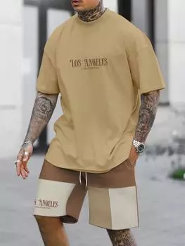 Летний мужской костюм Los Angeles Letters Simple 3D Print Sport T Shirt Suit Short Sleeve Color Matching Shorts Men s Summer Clothing S
