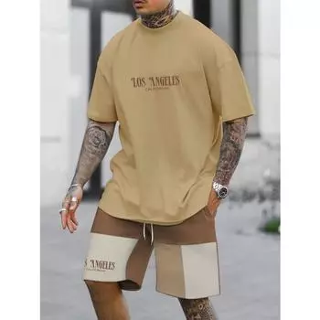 Летний мужской костюм Los Angeles Letters Simple Print Спортивный костюм с футболкой и коротким рукавом, подходящие по цвету шорты, мужская летняя одежда S