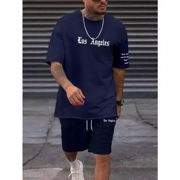Летний мужской костюм Los Angeles Letters Simple Print Спортивная футболка Повседневный свободный костюм Футболки с коротким рукавом Шорты Мужская летняя одежда XS
