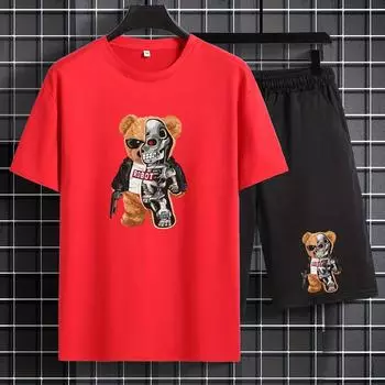 Летний мужской костюм механического медведя, удобная повседневная футболка и свободные шорты. S