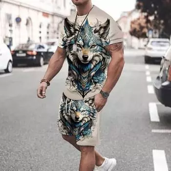 Летний мужской костюм, модная уличная повседневная мужская футболка с коротким рукавом, уличные повседневные удобные дышащие шорты с животным принтом S