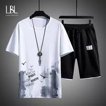 Летний мужской костюм, повседневный комплект из 2 предметов с короткими рукавами и принтом, новая модная футболка с круглым вырезом + короткие штаны, мужской спортивный костюм для бега XXXL