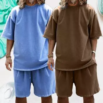 Летний мужской костюм, простой, однотонный, повседневный, свободный, большого размера, футболка с короткими рукавами, шорты, хип-хоп, модная мужская одежда, 2 предмета M чёрный
