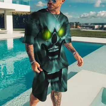 Летний мужской костюм с футболкой, мужской комплект, винтажный 3D-принт с черепом, модные мужские спортивные костюмы, свободный мужской спортивный костюм, мужская одежда S