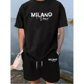 Летний мужской костюм с принтом букв, мужской костюм, Летняя повседневная мужская футболка с коротким рукавом, Уличная мужская спортивная s S