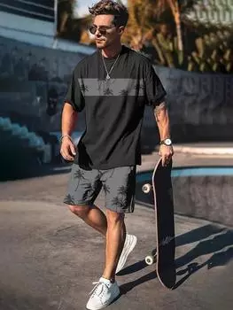 Летний мужской костюм с принтом кокосовой пальмы 3D, уличный стиль Харадзюку, футболка с короткими рукавами + шорты, мужской костюм с шортами больших размеров S