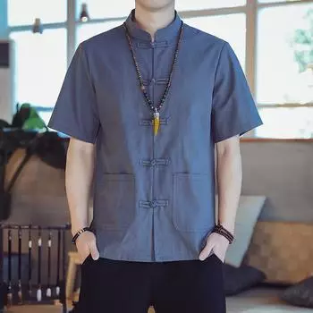 Летний мужской костюм Тан: Свободный воротник-стойка, китайский стиль Ханьфу Чжуншань с короткими рукавами из хлопка и льна M (100-120 jin) чёрный