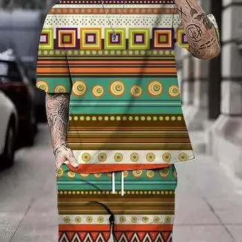 Летний мужской костюм, уличная повседневная повседневная мужская футболка с коротким рукавом, уличные удобные дышащие шорты в стиле бохо с 3D принтом S