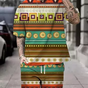 Летний мужской костюм, уличная повседневная повседневная мужская футболка с коротким рукавом, уличные удобные дышащие шорты в стиле бохо с 3D принтом S