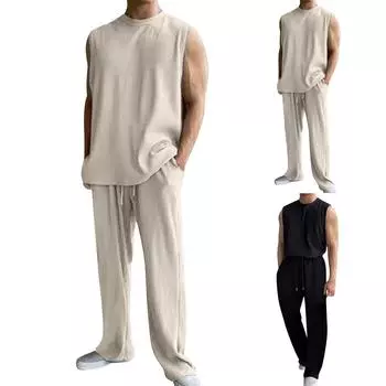 Летний мужской однотонный повседневный костюм с круглым вырезом, жилет, свободные брюки, комплект из двух предметов L чёрный