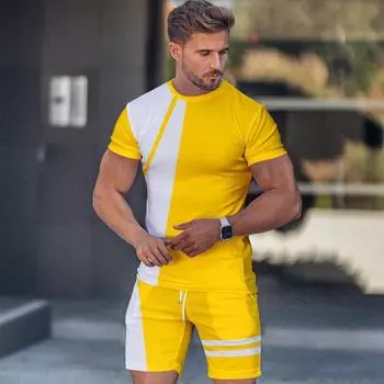 Летний мужской пляжный комплект с шортами, 3D-принт, простой повседневный стиль, футболка с коротким рукавом + шорты, комплект из 2 предметов, свободный спортивный костюм S