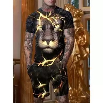 Летний мужской повседневный домашний костюм с 3D-принтом в виде льва в винтажном стиле, с круглым вырезом, короткими рукавами, шорты из двух частей, шорты на шнурке, праздничный костюм S