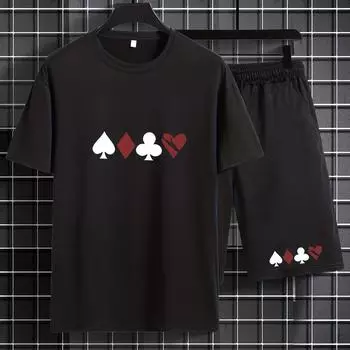 Летний мужской повседневный комплект из футболки и шорт со свободной талией, покерный графический принт, мужская одежда S
