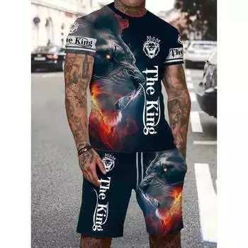 Летний мужской повседневный комплект с коротким рукавом и шортами, крутая футболка с принтом «Король Лев» и шорты на шнурке, мужской комплект S