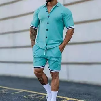 Летний мужской повседневный костюм 2022 года, модный комплект из двух предметов: футболка с коротким рукавом и шорты M зелёный