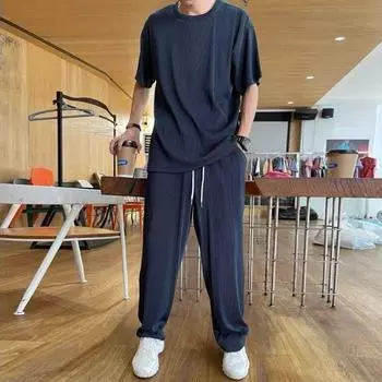 Летний мужской повседневный костюм Ice Silk, футболка с коротким рукавом и свободные брюки, комплект из двух предметов XXXXXL чёрный