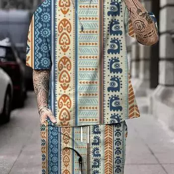 Летний мужской повседневный костюм, уличная повседневная мужская футболка с короткими рукавами, спортивные модные шорты на открытом воздухе с богемным принтом M