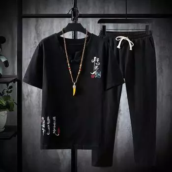 Летний мужской повседневный костюм в китайском стиле, однотонная мужская футболка с короткими рукавами из хлопка и льна с вышивкой в стиле ретро, мужской костюм XS белый