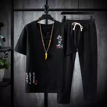 Летний мужской повседневный костюм в китайском стиле, однотонная мужская футболка с короткими рукавами из хлопка и льна с вышивкой в стиле ретро, мужской костюм 5XL белый