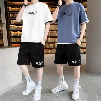 Летний мужской повседневный спортивный комплект с короткими рукавами и шортами M синий