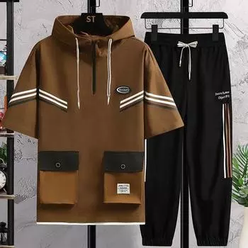 Летний мужской повседневный спортивный тонкий брючный костюм с короткими рукавами и капюшоном XXXXL белый