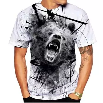Летний мужской повседневный топ с рисунком животного свирепого медведя и коротким рукавом с 3D-принтом, свободный уличный стиль, забавный, большого размера S