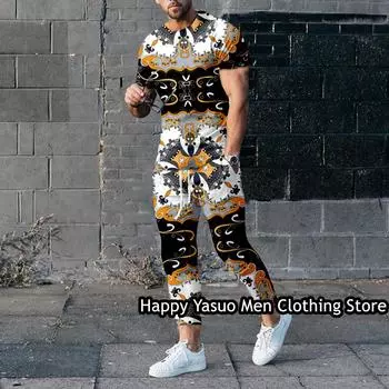 Летний мужской роскошный спортивный костюм из 2 предметов, винтажная футболка с симметричным принтом, комплект брюк, ретро наряд, мужская повседневная одежда для бега M