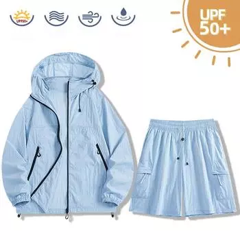 Летний мужской солнцезащитный костюм Ice, куртка с капюшоном и шорты, легкий быстросохнущий комплект из двух предметов, стиль для пары S