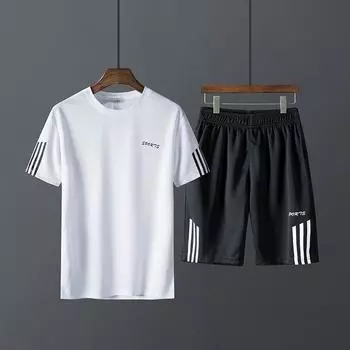 Летний мужской спортивный комплект для бега, повседневный, тонкий, с коротким рукавом, шорты, футболка с круглым вырезом, свободный, с рукавом три четверти, комплект из трех предметов XXXXXL белый