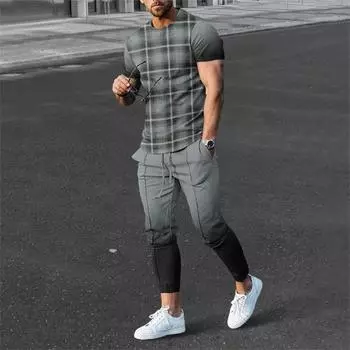 Летний мужской спортивный костюм, брюки, комплект из 2 предметов, полосатая футболка с коротким рукавом и длинные брюки, уличная модная мужская одежда S