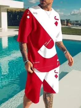 Летний мужской спортивный костюм, футболка, шорты, комплект из 2 предметов, покерный J, повседневный костюм с 3D принтом, уличная одежда с короткими рукавами, мужская одежда больших размеров S