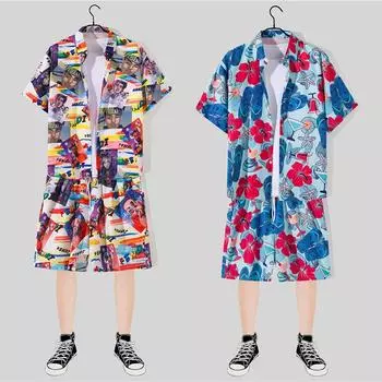 Летний мужской спортивный костюм, рубашка с короткими рукавами, комплект в стиле хип-поп, модная одежда с принтом, повседневный костюм из 2 предметов, уличная одежда M белый/синий