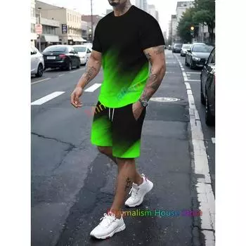 Летний мужской спортивный костюм, свободная одежда, комплект из 2 предметов, повседневный спортивный костюм, градиентный принт, фитнес-комплект, мужская футболка, шорты, наряд XS