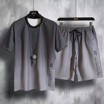 Летний мужской спортивный костюм в стиле Харадзюку в стиле хип-хоп, комплект из 2 предметов, тонкий, мягкий, дышащий спортивный костюм, мужская футболка с короткими рукавами и шорты, комплекты S
