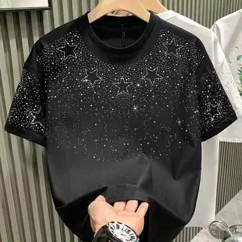 Летний мужской свитер с круглым вырезом в стиле пэчворк, модная свободная повседневная универсальная футболка с коротким рукавом, размер S XS белый